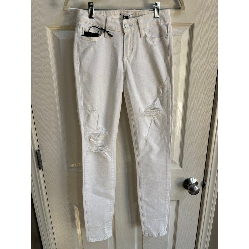 PAIGE NWT Womens Verdugo White Skinny Jeans Distressed‎ Ripped Stretch Size 24
